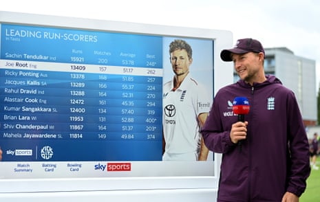 Joe Root of England looks at the leading Test run scorer table on the Sky Sports cart.