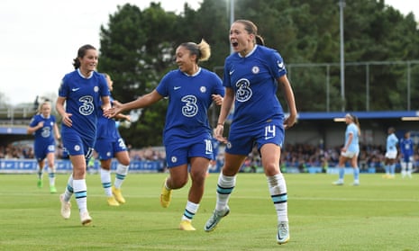 Fran Kirby celebrates after opening the scoring for Chelsea three minutes before the break.