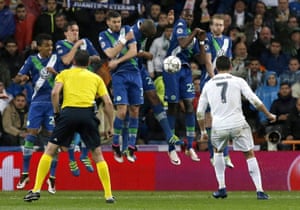Real Madrid’s Cristiano Ronaldo scores his third goal.