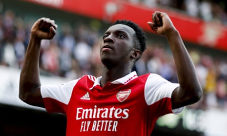 Eddie Nketiah celebrates scoring Arsenal’s second against Everton in what may have been his final appearance for the Gunners.