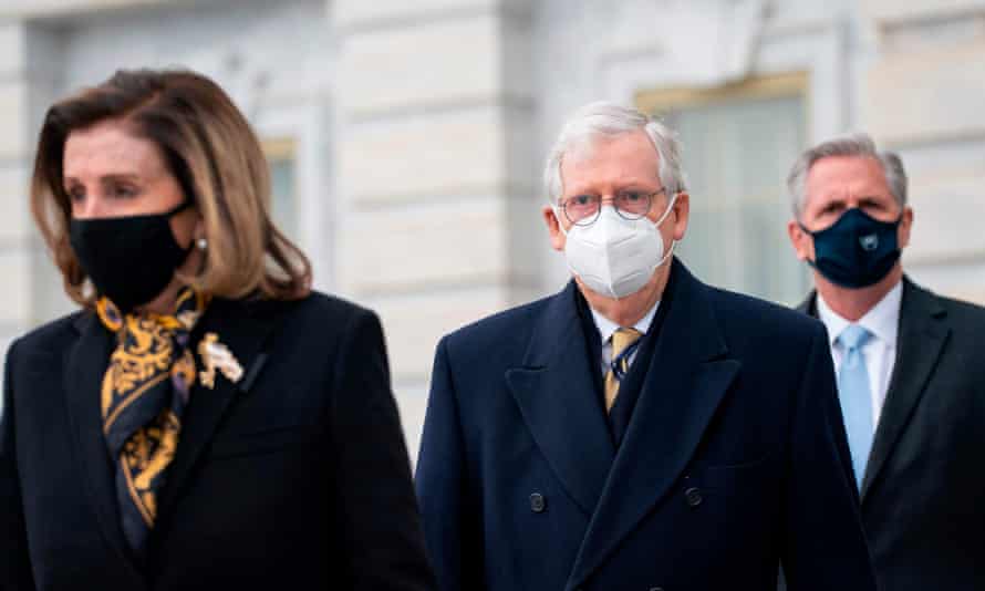 The House speaker, Nancy Pelosi, Senate minority leader, Mitch McConnell and House minority leader Kevin McCarthy in Washington on Wednesday.