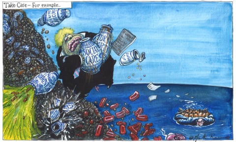 Martin Rowson cartoon 23.11.21: Johnson juggles vases inscribed with pressing issues on shore as dinghy full of immigrants approaches