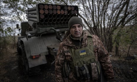 Volodimir, codenamed ‘Metis’, commander of the reactive artillery group, poses for a photo as the Ukrainian army conduct an operation to target trenches of Russian forces through the Donetsk oblast, on 20 October 2023.