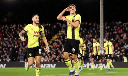 Sander Berge salutes the Burnley fans after doubling his side’s lead at Fulham.