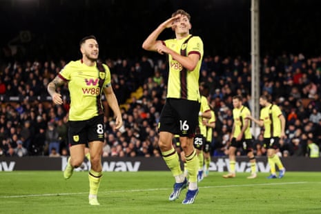 Sander Berge of Burnley celebrates after scoring their team's second goal at Fulham.