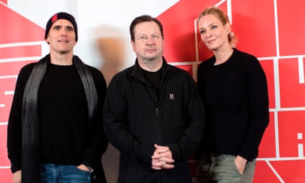 Von Trier promotes his new film, The House That Jack Built, with its US stars Matt Dillon and Uma Thurman.