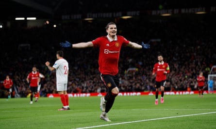 Marcel Sabitzer celebrates after scoring against Sevilla in the first leg of the Europa League quarter-final.