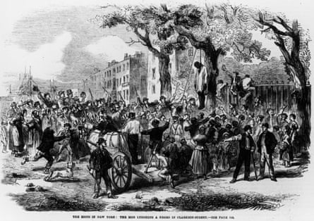 A mob lynching on Clarkson Street, New York City, during the draft riots of 1863.