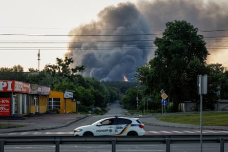 Smoke billows over Kyiv after a Russian drone attack.