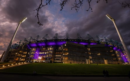 The Melbourne Cricket Ground is lit up purple in memory of the Queen