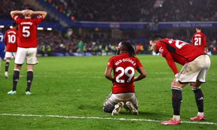 Harry Maguire, Aaron Wan-Bissaka and Diogo Dalot despair after Cole Palmer’s deflected fourth goal crushes them in injury time for the second time in a week.