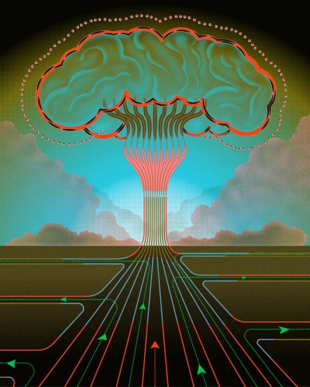 A road leads upward into a mushroom cloud that resembles a human brain. Some roads branch off creating alternate paths.