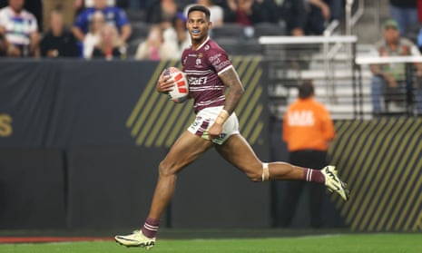 Manly’s Jason Saab streaks away for an intercept try in the NRL match against South Sydney.