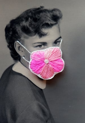 Vintage photographs with embroidered coronavirus masks by artist Han Cao.