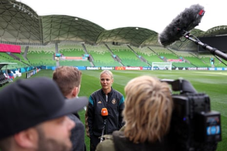 German goalkeeper Merle Frohms speaks to a TV crew at the Rectangular Stadium.