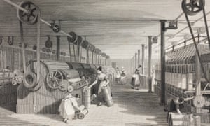 Women and children operating machinery in a cotton mill.