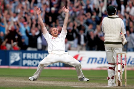 Andrew Flintoff celebrates after dismissing Shane Warne in 2005.