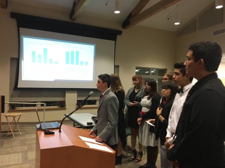 Megan Brandon’s students present to the Bastrop city council. Zamora-Garcia stands second from right.