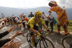 Slovenia’s Primoz Roglic wearing the overall leader’s yellow jersey, climbs the Loze pass during stage 17 of between Grenoble and Meribel Col de la Loze.