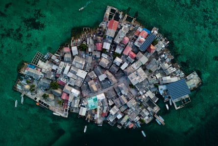 An aerial view of the densely populated island Santa Cruz del Islote