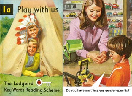 An original Ladybird book cover from Play with us, and a page from its modern-day spoof.