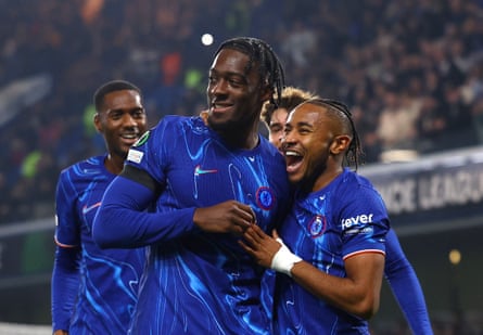 Axel Disasi (centre) celebrates with teammates after scoring for Chelsea against Noah in the Conference League in November 2024