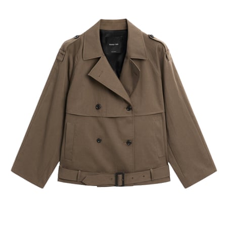 A short brown double-breasted trenchcoat on a white background