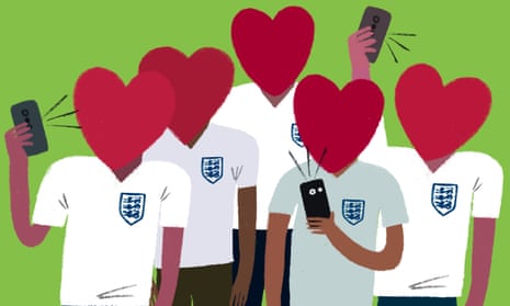 An illustration of England fans in team shirts holding mobile phones and hearts on their faces