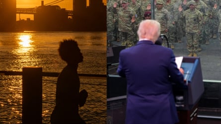Silhouette of a man running at sunset; Trump speaking to troops during a military parade.
