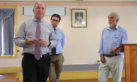 From left: Barnaby Joyce, agriculture minister David Littleproud and councillor Russell Webb address a community drought forum in Tamworth on Tuesday