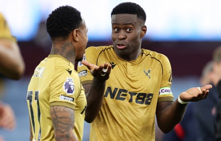Marc Guéhi talks to teammate Matheus França aft Crystal Palace’s triumph against Aston Villa.