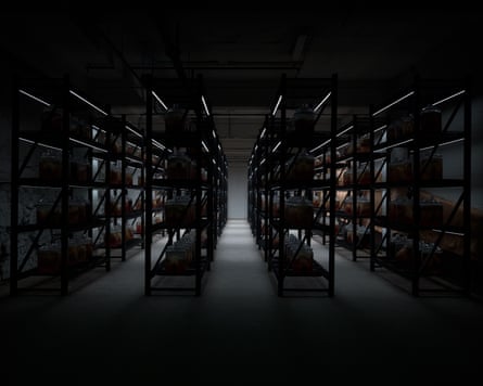 Dark image of industrial shelving units