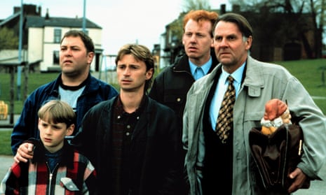 Tom Wilkinson, right, as Gerald Cooper with other members of The Full Monty cast. From left: William Snape, Mark Addy, Robert Carlyle and Steve Huison.