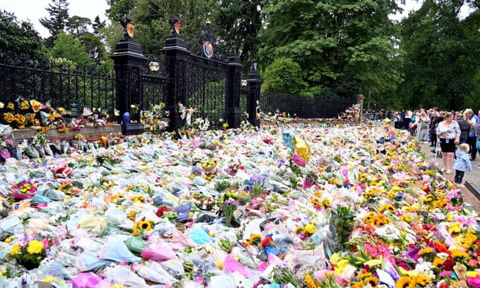 A carpet of flowers left in tribute to the Queen at the gates of Sandringham House
