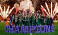 Australia's James Tedesco holds aloft the trophy as they celebrate winning the Men's World Cup final.