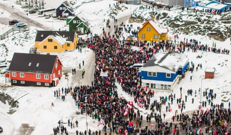 An aerial view of people taking part in a demonstration in Nuuk, Greenland.