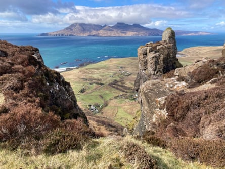 Margherita’s photo on Eigg of rock pinnacle, sea and another island from high up on hill
