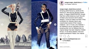 Image from Nange Magro’s Instagram account, depicting similarities between her designs and those worn by Janelle Monáe at the 2019 Grammy awards.