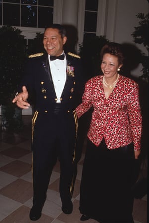 Powell and his wife Alma arrive to attend a White House state dinner in honour of then Hungarian prime minister József Antall in 1992