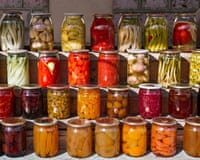 Pickled vegetables and fruits in jars