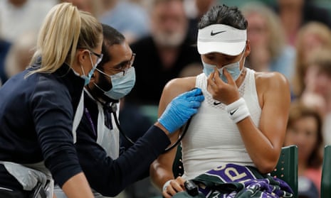 Britain’s Emma Raducanu receive medical attention during the women’s singles fourth-round match against Australia’s Ajla Tomljanovic.