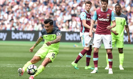 Philippe Coutinho scores Liverpool’s third goal in their 4-0 win at West Ham