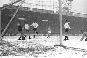 Bell (centre) watches as the ball ripples the net after he thumped home the equaliser during City’s 4-1 win at Maine Road in December 1967. Also watching are Spurs’ Pat Jennings (left), Cyril Knowles (second left) and Alan Mullery (third left) and City’s Franny Lee.