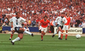 Alan Shearer scores from a penalty against the Netherlands at Wembley.