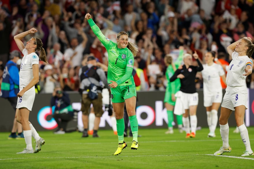 England’s superb goalkeeper Mary Earps celebrates a place in the final after the final whistle.