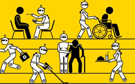 Illustration of robots helping stick figures of an older person and a wheelchair user