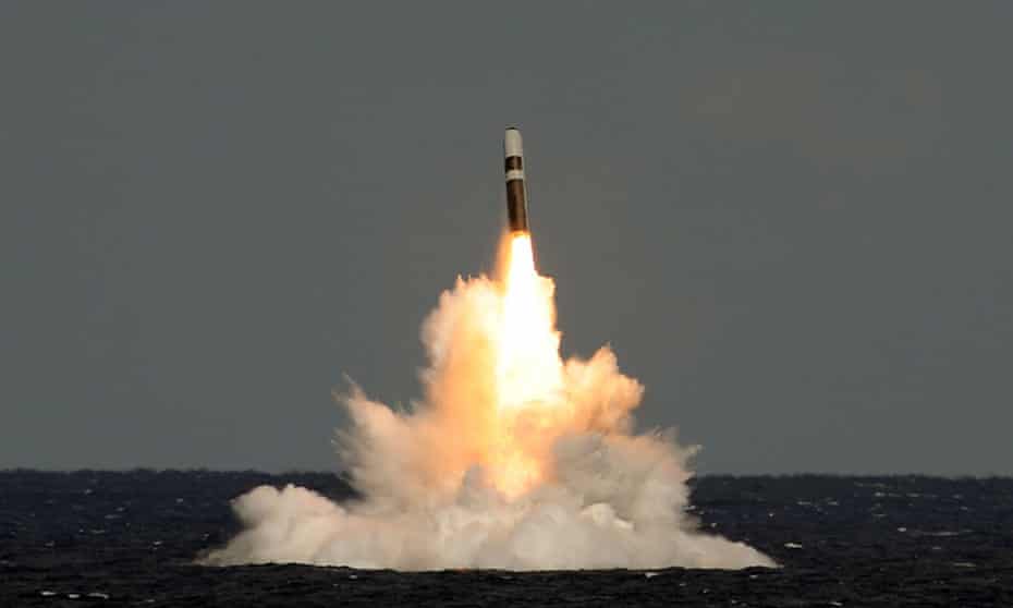 An unarmed Trident D5 missile fired from HMS Vigilant during exercises in the Atlantic ocean.