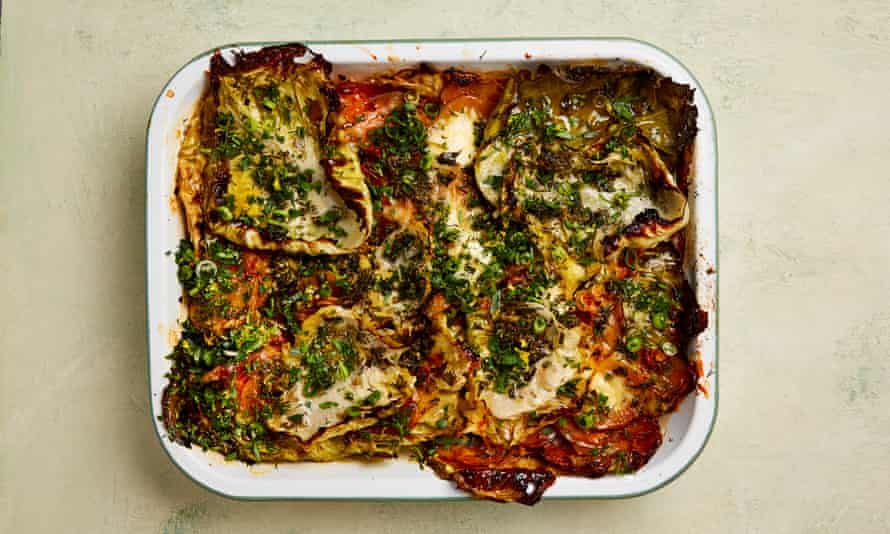 The cheesy roast: Yotam Ottolenghi’s herby cabbage and potato bake with gruyère and ricotta.