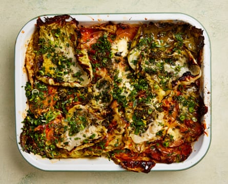 The cheesy roast: Yotam Ottolenghi’s herby cabbage and potato bake with gruyère and ricotta.