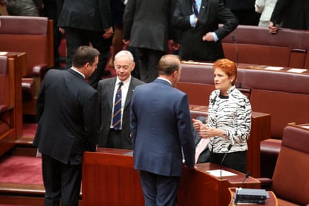 Peter Dutton talks to Pauline Hanson in the Senate chamber during the opening of parliament.